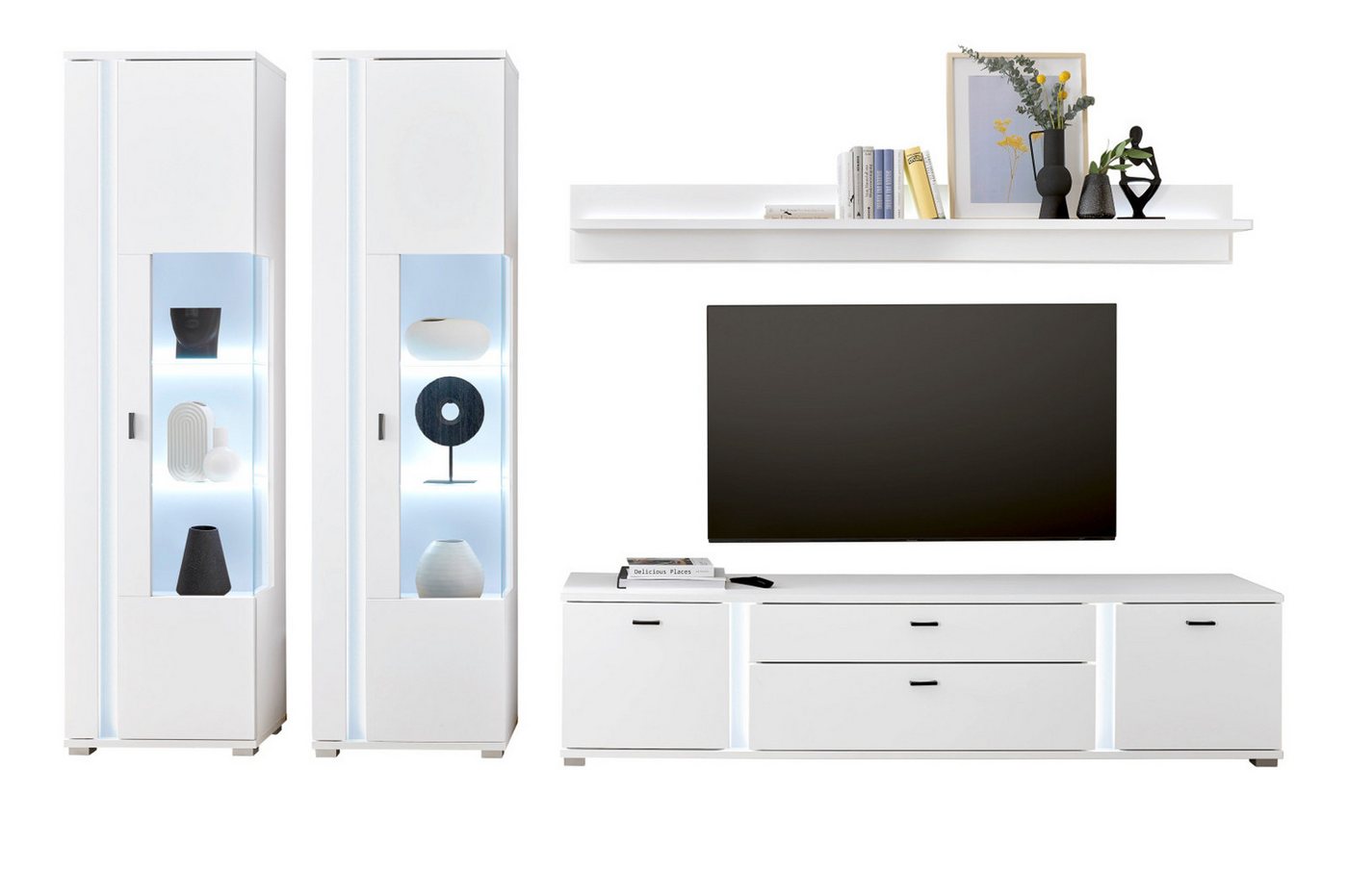 Furn.Design Wohnwand Bellport, (Wohnkombination in weiß matt, Breite 330 cm), mit LED-Beleuchtung und Soft-Close von Furn.Design