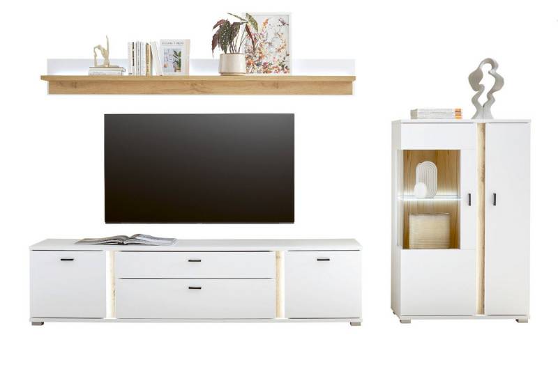 Furn.Design Wohnwand Bellport, (Wohnzimmer Set in weiß matt mit Eiche Wotan, 4-St., Breite 290 cm), mit Soft-Close-Funktion und LED Beleuchtung von Furn.Design