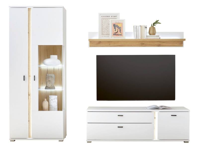 Furn.Design Wohnwand Bellport, (Wohnzimmer Set in weiß matt mit Wotan Eiche, 3-St., 240 x 200 cm), mit Soft-Close-Funktion und LED Beleuchtung von Furn.Design