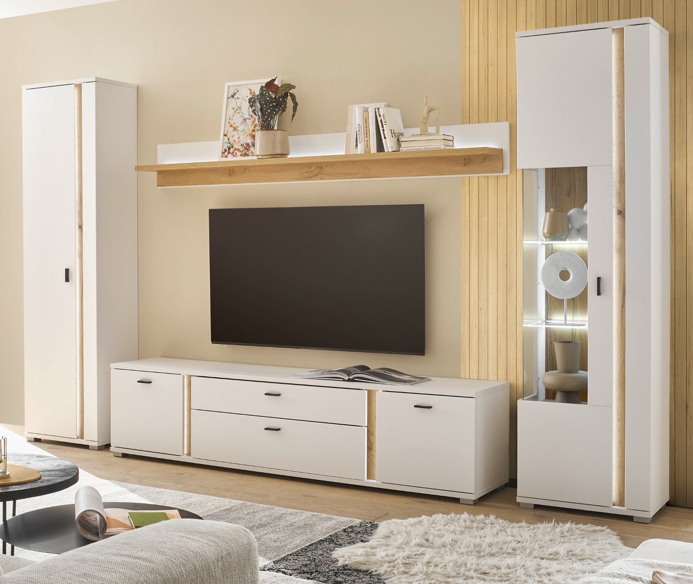 Furn.Design Wohnwand Bellport, (Wohnzimmer Set in weiß matt mit Wotan Eiche, 4-St., 330 x 200 cm), mit Soft-Close-Funktion und LED Beleuchtung von Furn.Design
