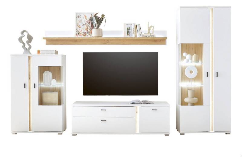 Furn.Design Wohnwand Bellport, (Wohnzimmer Set in weiß matt mit Wotan Eiche, 4-St., 330 x 220 cm), mit Soft-Close-Funktion und LED Beleuchtung von Furn.Design