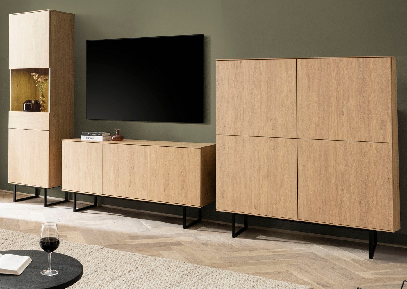 Furn.Design Wohnwand Breda, (Schrankwand in Stone Eiche Dekor, Set 3-teilig, 350 x200 cm), 19 Fächer, Push-To-Open-Funktion von Furn.Design