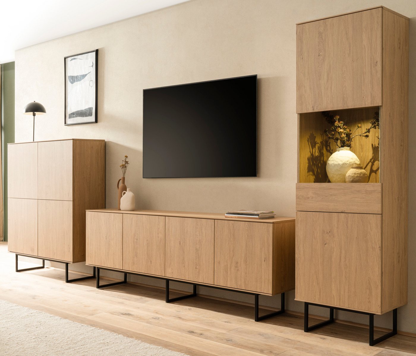 Furn.Design Wohnwand Breda, (Schrankwand in Stone Eiche Dekor, Set 3-teilig, 400 x 200 cm), mit 200 cm Lowboard, Push-To-Open-Funktion von Furn.Design