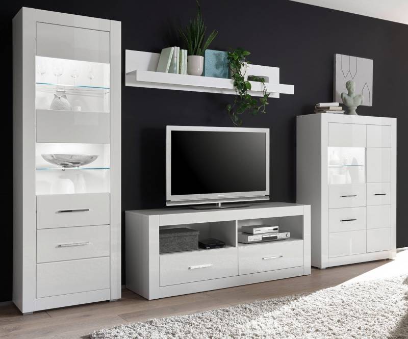 Furn.Design Wohnwand Carrara, (Schrankwand in weiß Hochglanz mit Chromgriffen, 4-teilig, 330 x 198 cm), TV Lowboard auf Rollen von Furn.Design