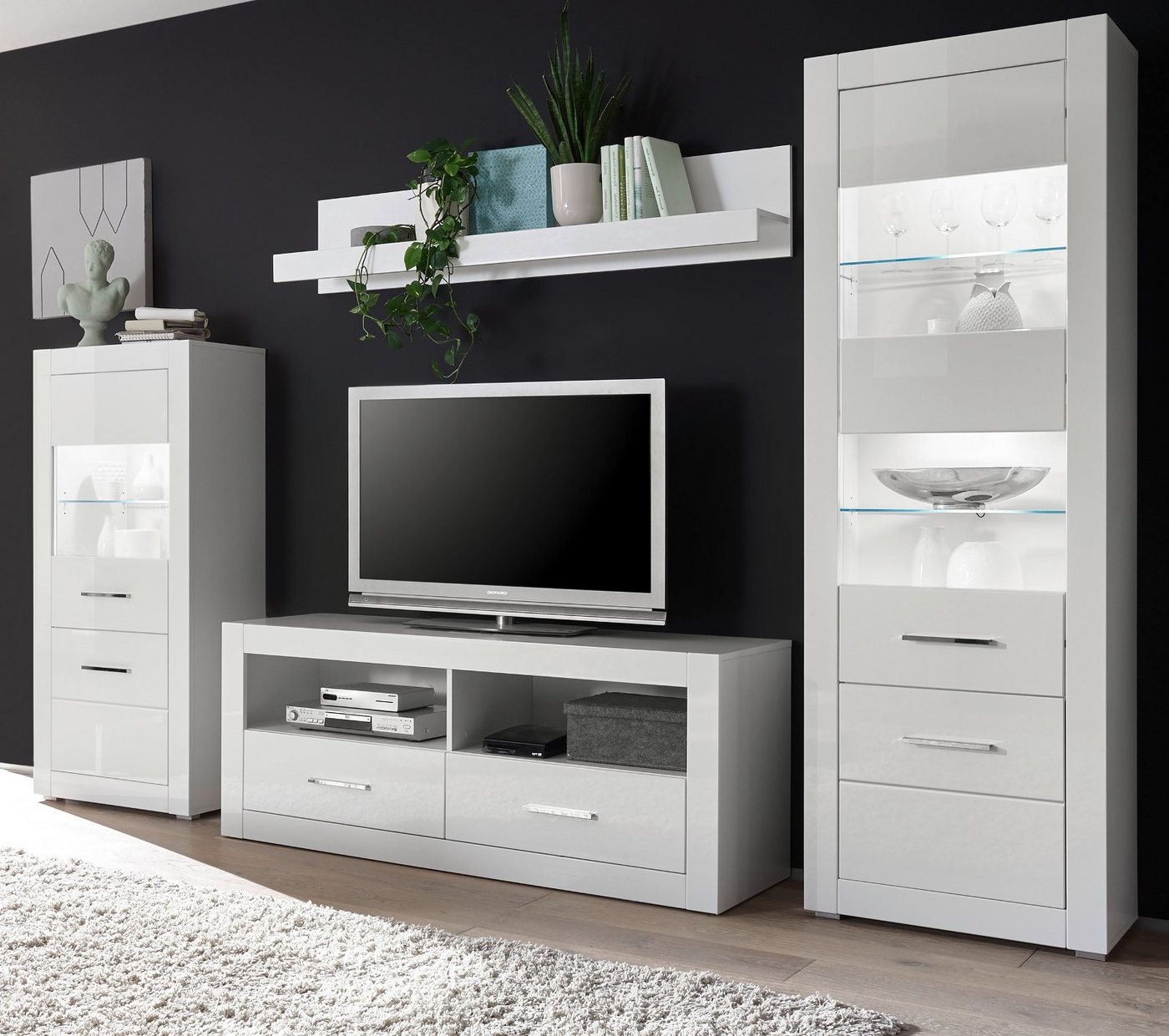 Furn.Design Wohnwand Carrara, (Wohnzimmer Set 4-teilig in weiß Hochglanz, ca. 300 x 198 cm), mit viel Stauraum von Furn.Design
