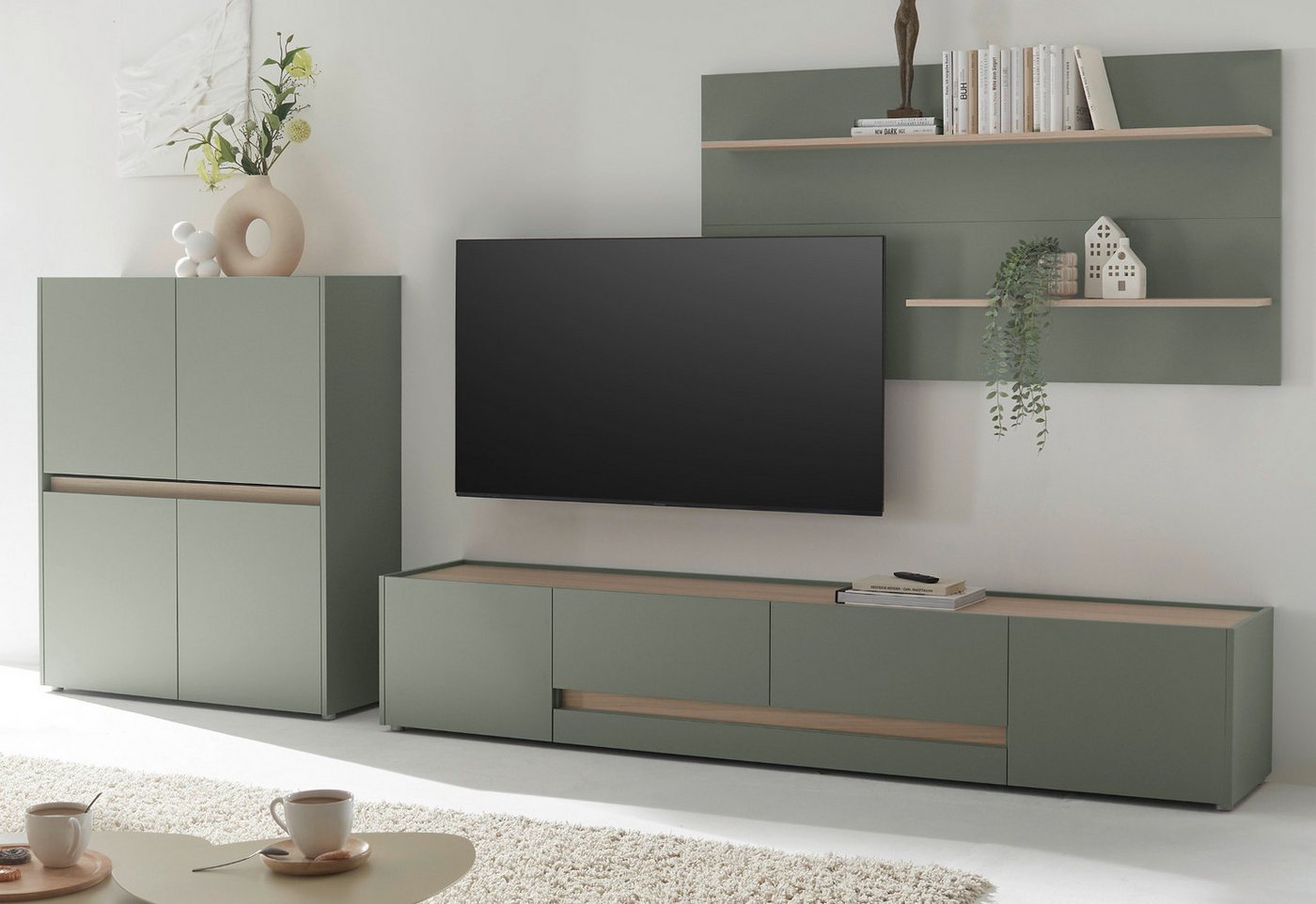 Furn.Design Wohnwand Center, (3-teiliges Set in Salbei mit Eiche Dekor, ca. 340 cm), mit 10 Fächern und 220 cm TV Lowboard von Furn.Design