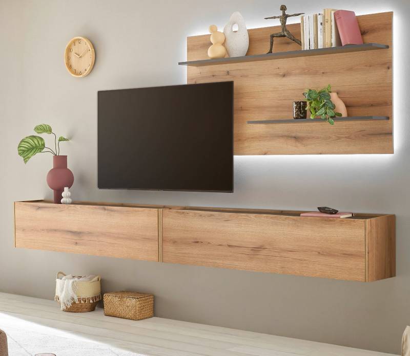 Furn.Design Wohnwand Center, (Kombination in Evoke Eiche mit grau, Breite 300 cm), mit XXL TV Lowboard von Furn.Design