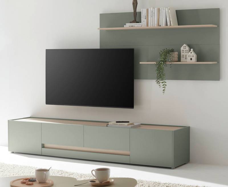 Furn.Design Wohnwand Center, (Set in Salbei Grün mit Barista Eiche Dekor, Breite ca. 300 cm), auch für große Flat-TV von Furn.Design