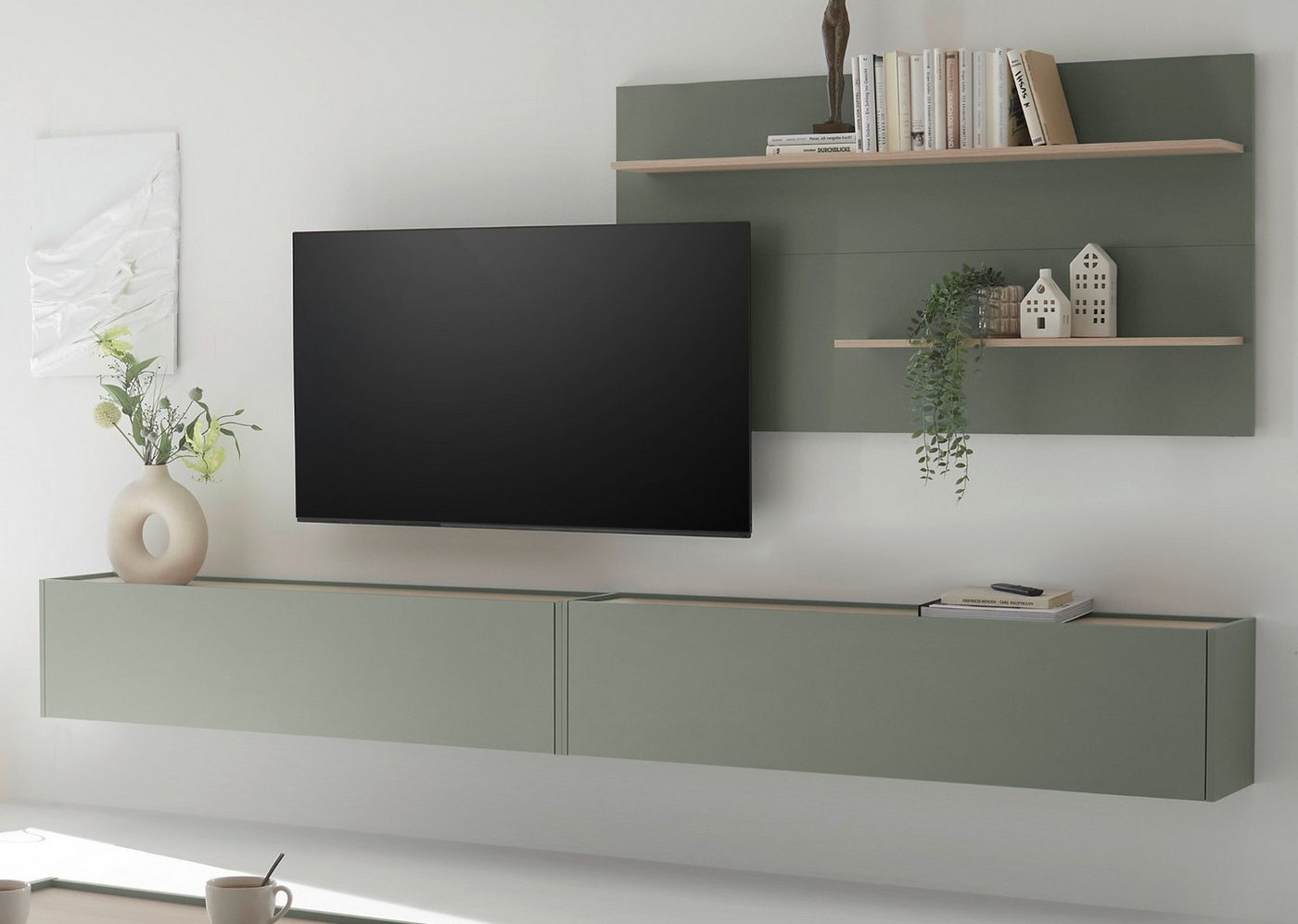 Furn.Design Wohnwand Center, (Set in Salbei Grün mit Eiche, 3-teilig, 300 x 180 cm), mit großem TV Lowboard von Furn.Design