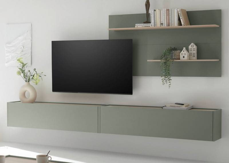 Furn.Design Wohnwand Center, (Set in Salbei Grün mit Eiche, 3-teilig, 300 x 180 cm), mit großem TV Lowboard von Furn.Design