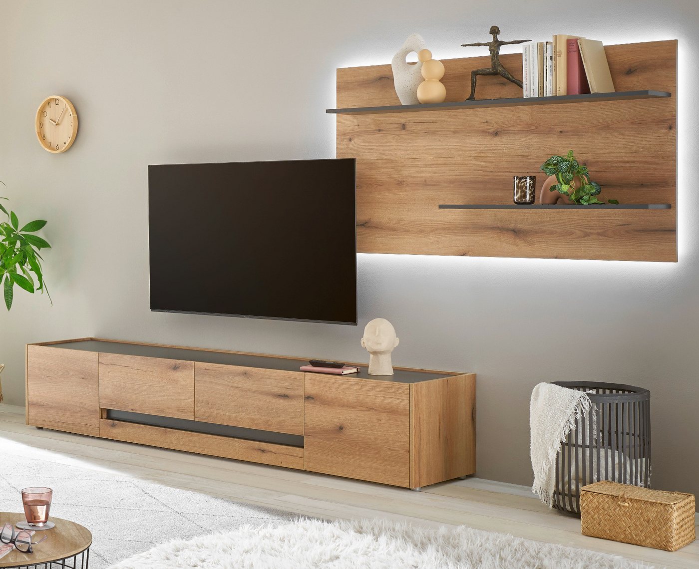 Furn.Design Wohnwand Center, (TV Schrank in Evoke Eiche mit grau, 2-teilig, ca. 300 x 190 cm), mit großem TV-Lowboard von Furn.Design