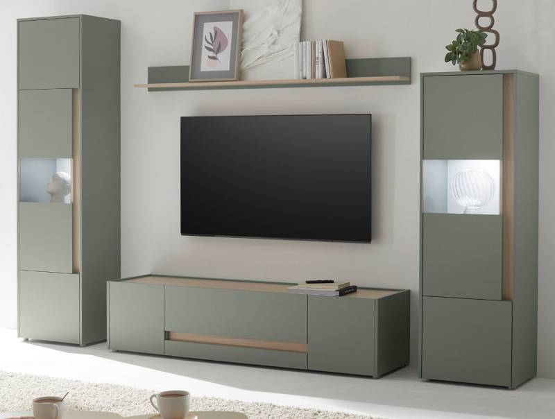Furn.Design Wohnwand Center, (Wohnkombination in Salbei Grün mit Eiche, 4-teilig, 310 x 197 cm), mit 2 Vitrinenschränken und viel Stauraum von Furn.Design