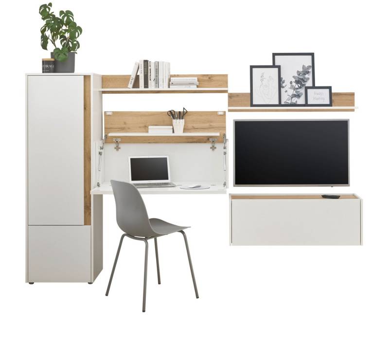 Furn.Design Wohnwand Center, (Wohnkombination in weiß matt und Eiche Wotan, 5-St., Breite 250 cm), mit Sekretär von Furn.Design