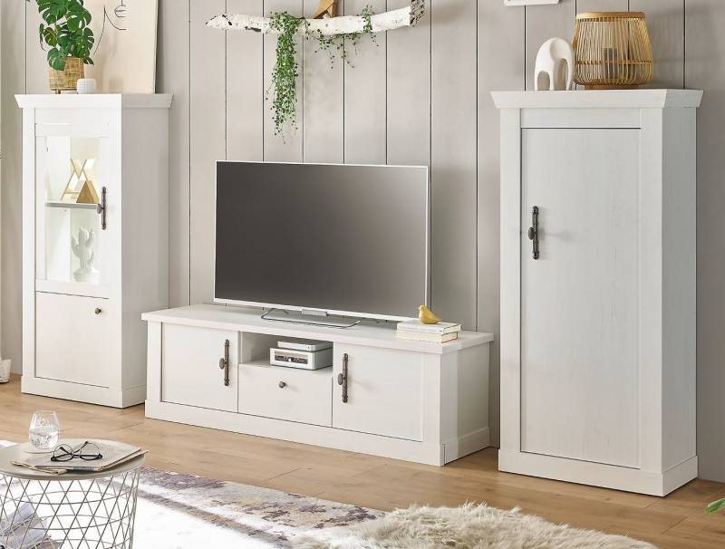 Furn.Design Wohnwand Fiastra, (Wohnzimmer-Set 3-teilig in Pinie weiß Landhaus, ca.: 315 x 146 cm), Metallgriffe, Soft-Close-Funktion von Furn.Design