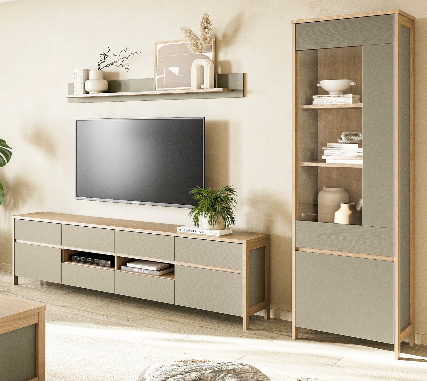 Furn.Design Wohnwand Finnes, (Schrankwand in Salbei mit Skandi Eiche, 3-teilig, 266 x 195 cm), Türen und Schubladen mit Soft-Close-Funktion von Furn.Design