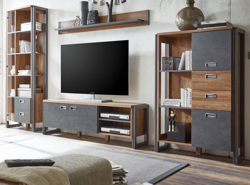 Furn.Design Wohnwand Furn.Design, (Schrankwand in Eiche Stirling und Matera grau, 4-St., 336 x 202 cm), Industrial Design von Furn.Design