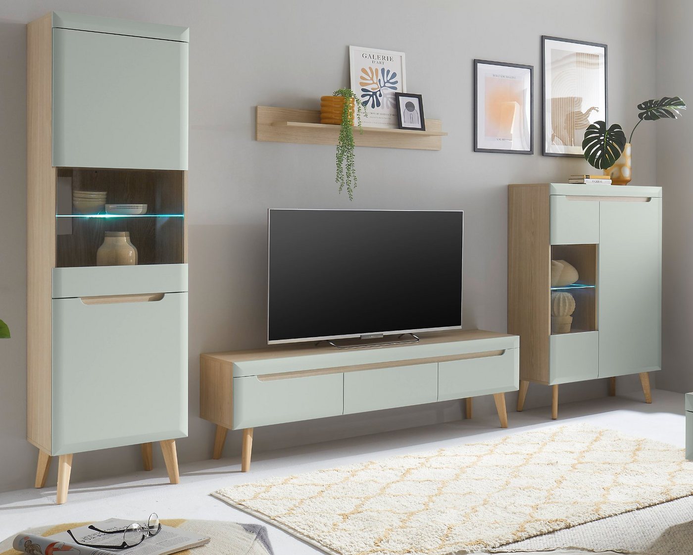 Furn.Design Wohnwand Isgard, (Wohnzimmer-Set in Pistazie mit Scandi Eiche, 340 x 197 cm), Soft-Close-Funktion von Furn.Design