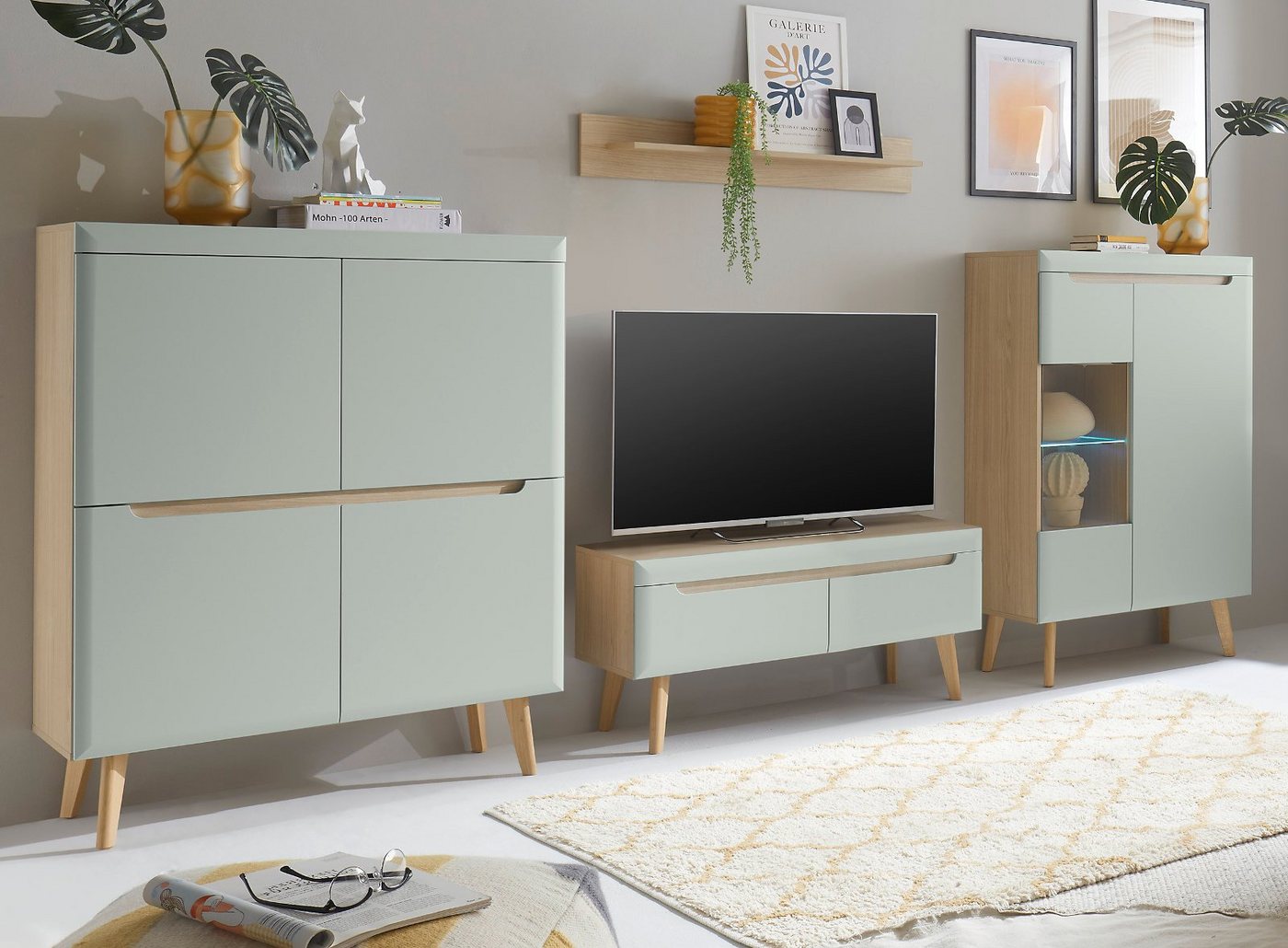 Furn.Design Wohnwand Isgard, (Wohnzimmer-Set in Pistazie mit Scandi Eiche, 4-St., 344 x 170 cm), Soft-Close-Funktion von Furn.Design