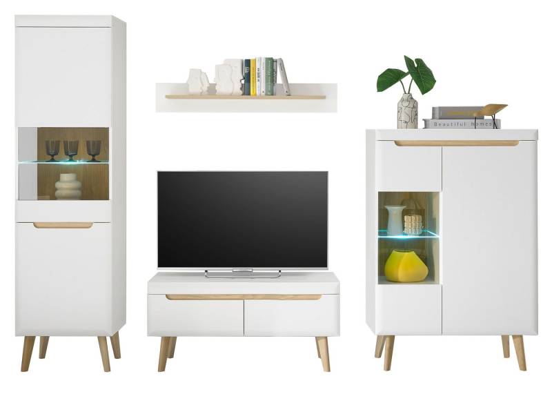 Furn.Design Wohnwand Isgard, (Wohnzimmer-Set in weiß matt mit Scandi Eiche, 4-St., Breite 270 bis 310 cm), Soft-Close von Furn.Design
