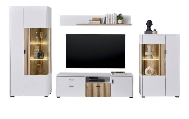 Furn.Design Wohnwand Merced, (4-teiliges Set in weiß mit Eiche, 4-St., Breite 310 - 330 cm), mit Soft-Close, Stabopotik von Furn.Design