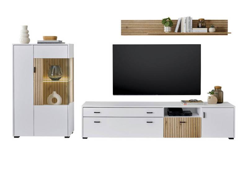 Furn.Design Wohnwand Merced, (Wohnzimmer-Set in weiß mit Eiche, 3-St., B/H/T ca.: 285/~170/42 cm), mit Soft-Close, Staboptik von Furn.Design