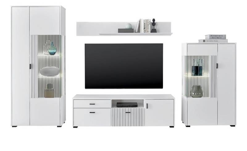 Furn.Design Wohnwand Merced, (in weiß matt mit schwarz, 4-St., 320 x 180 cm), mit Soft-Close Funktion, Staboptik von Furn.Design