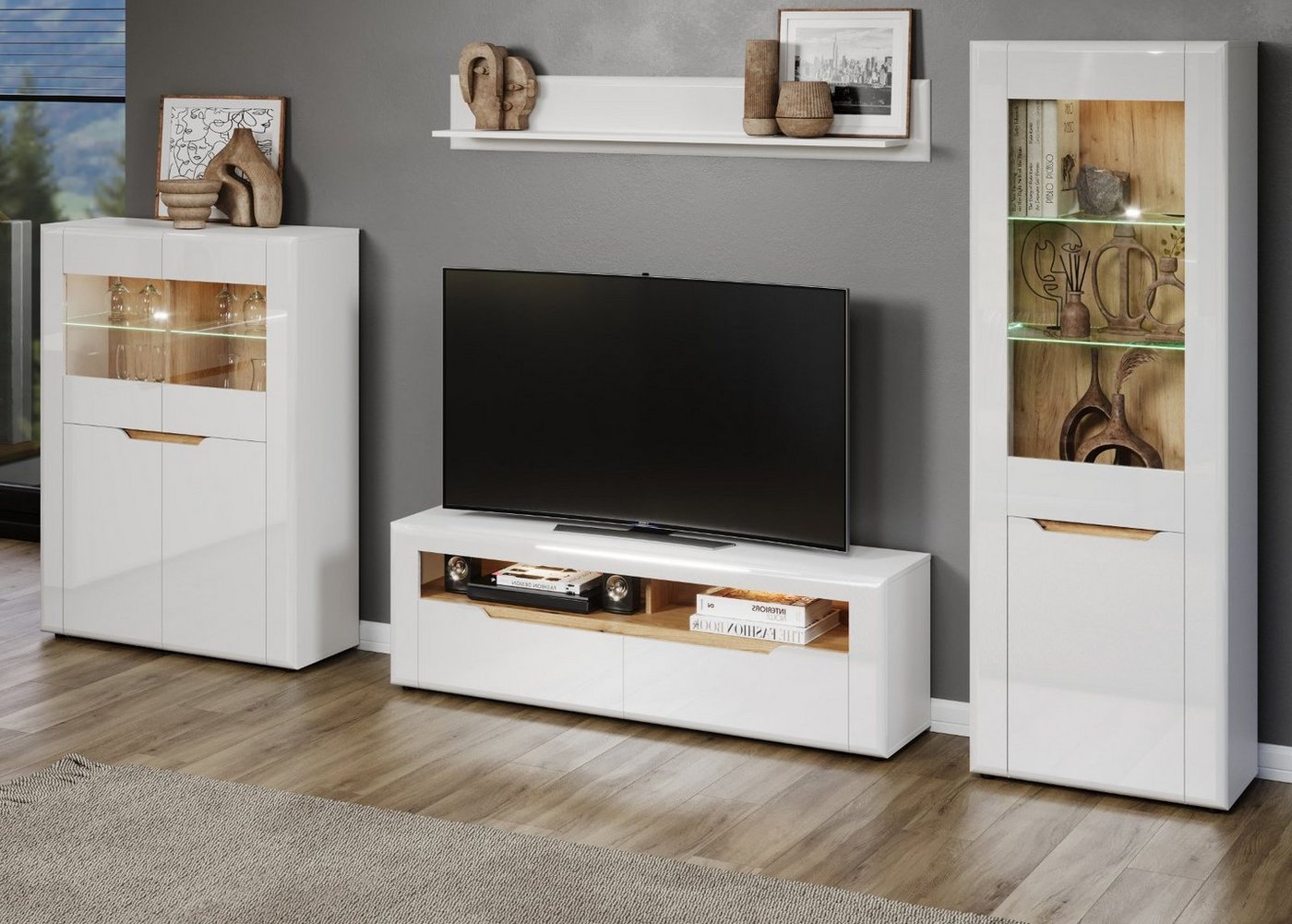 Furn.Design Wohnwand Merlon, (in weiß Hochglanz mit Eiche, 4-teilig, 340 x 192 cm), mit viel Stauraum von Furn.Design