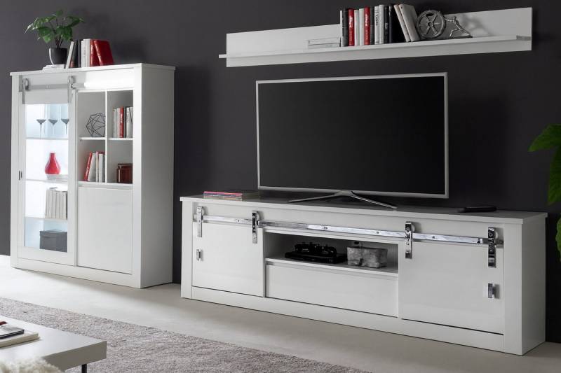 Furn.Design Wohnwand Miami, (Set 3-teilig in Weiß Hochglanz mit Chrom, Vitrine, Wandregal und großes TV-Lowboard), Soft-Close und Schiebetüren an Chrom-Reling von Furn.Design