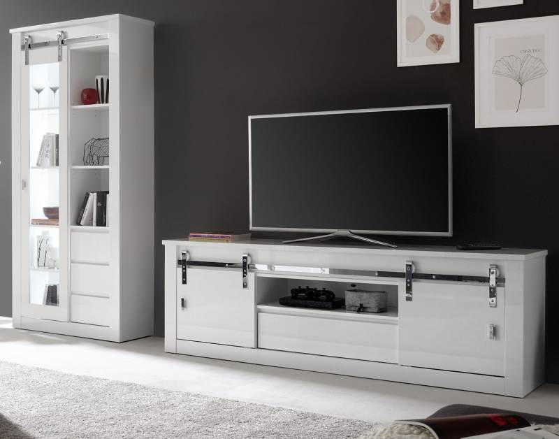 Furn.Design Wohnwand Miami, (Set Vitrinenschrank und XL TV-Lowboard in Weiß Hochglanz, 310 x 201 cm), mit Soft-Close und Schiebetüren an Chrom-Reling von Furn.Design