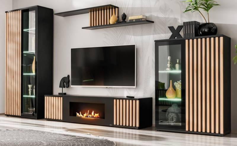 Furn.Design Wohnwand Morgan, (in schwarz matt mit Eiche Lamellen, 4-St., integrierter Kamin), Push-to-Open Funktion, inkl. Beleuchtung von Furn.Design