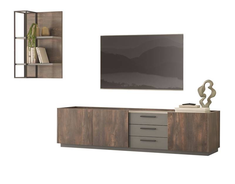 Furn.Design Wohnwand Piano, (Set in Thermo Eiche mit grau, 2-St., Regal und großes TV Lowboard), mit Soft-Close-Funktion von Furn.Design