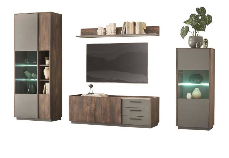 Furn.Design Wohnwand Piano, (Set in Thermo Eiche mit grau, 4-St., Breite 300 - 330 cm), mit Soft-Close-Funktion von Furn.Design