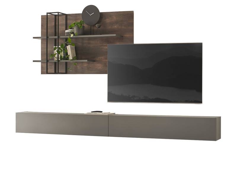 Furn.Design Wohnwand Piano, (Wohnzimmer Set grau mit Thermo Eiche, 3-St., 300 x 180 cm), XXL Lowboard, mit Soft-Close von Furn.Design