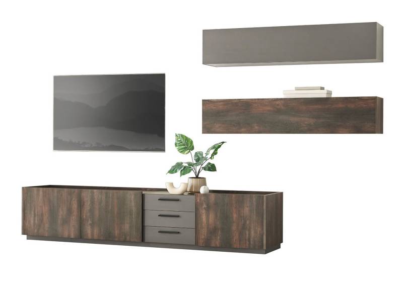 Furn.Design Wohnwand Piano, (Wohnzimmer Set in Thermo Eiche mit grau, XXL Lowboard 240 cm), mit Touch-to-Open und Soft-Close von Furn.Design