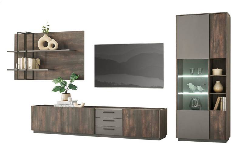 Furn.Design Wohnwand Piano, (in Thermo Eiche mit grau, ca. 390 x 200 cm), mit Soft-Close-Funktion von Furn.Design