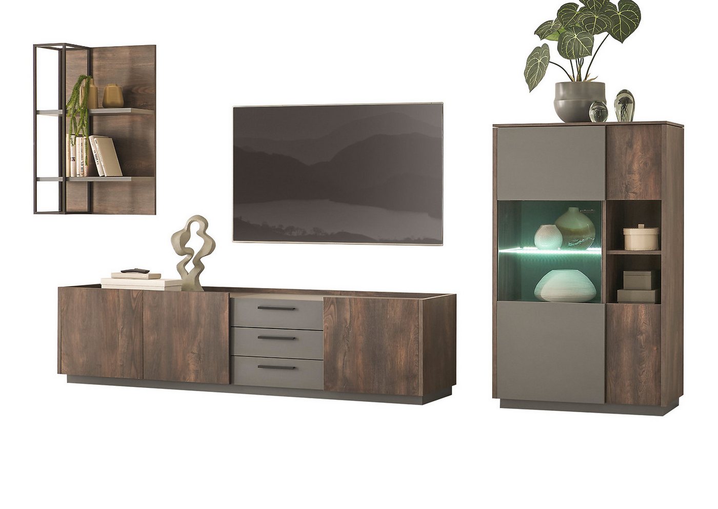 Furn.Design Wohnwand Piano, (in Thermo Eiche und grau, mit XL Lowboard), mit Soft-Close-Funktion von Furn.Design