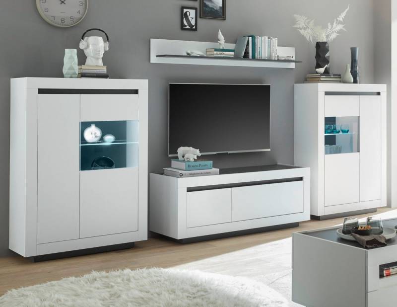 Furn.Design Wohnwand Rooky, (Wohnzimmer Set in weiß matt mit Anthrazit, 4-teilig, 350 x 180 cm), mit 2 Vitrinen von Furn.Design