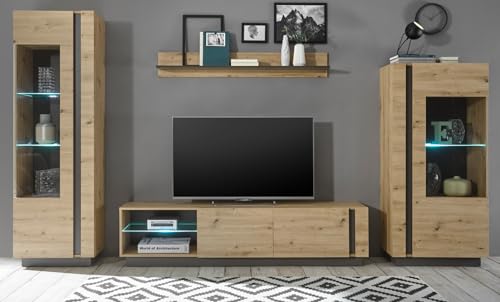 Furn.Design Wohnwand Schrankwand in Eiche Artisan und grau Graphit Wohnkombination 4-teilig Set Wohnzimmereinrichtung komplett 340 x 194 cm Louna (Set 2) von Furn.Design