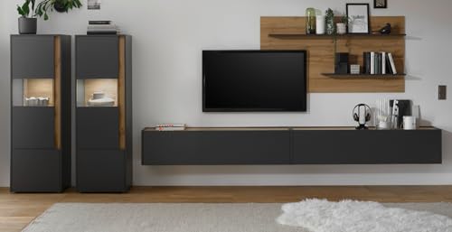 Furn.Design Wohnwand Schrankwand in grau matt und Eiche Wotan Holz Wohnzimmer Set 5-teilig mit XXL TV Unterteil zum Aufhängen, Vitrinen und Wandregal 440 x 180 cm (Set 5) von Furn.Design