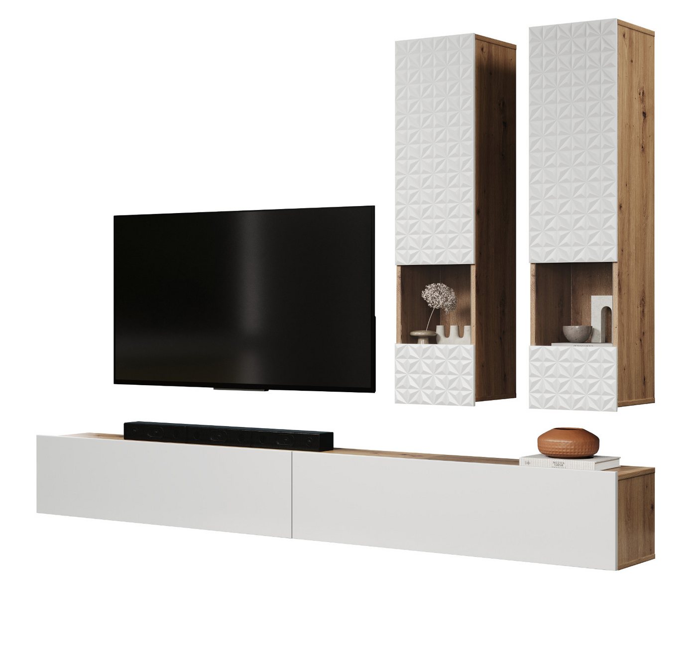 Furn.Design Wohnwand Shauni, (Wohnzimmer Set in weiß mit Artisan Eiche, 4-teilig, 240 cm), mit Soft-Close von Furn.Design