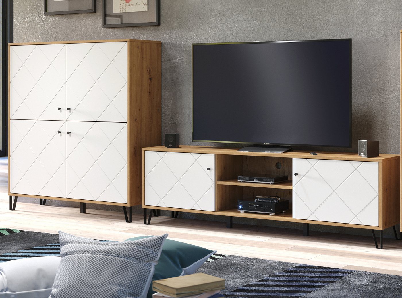 Furn.Design Wohnwand Tough, (Set Highboard und TV Lowboard in weiß / Eiche, 320 x 136 cm), 10 Fächer, Türen mit Soft-Close-Funktion von Furn.Design