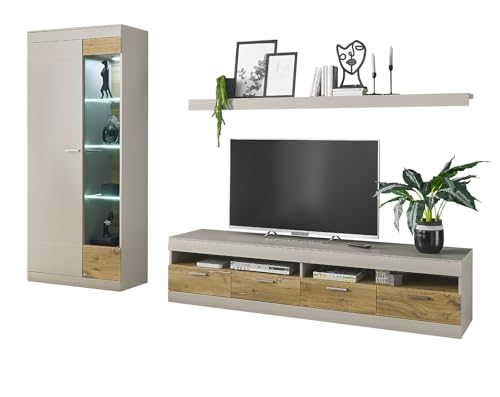 Furn.Design Wohnwand in Kieselgrau matt und Zinneiche, Wohnkombination 3-teilig 300 x 199 cm, Griego von Furn.Design