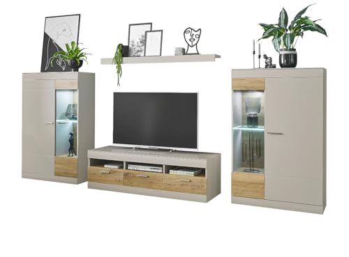 Furn.Design Wohnwand in Kieselgrau matt und Zinneiche Wohnkombination 4-teilig 350 x 170 cm, Griego von Furn.Design