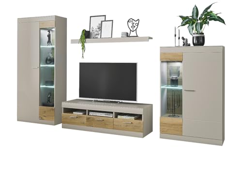 Furn.Design Wohnwand in Kieselgrau matt und Zinneiche Wohnkombination 4-teilig 350 x 199 cm, Griego von Furn.Design