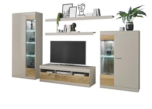 Furn.Design Wohnwand in Kieselgrau matt und Zinneiche Wohnkombination 5-teilig 350 x 199 cm, Griego von Furn.Design