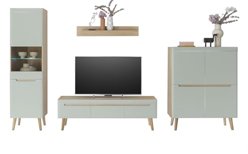 Furn.Design Wohnwand in Pistazie matt und Scandi Eiche Wohnkombination skandinavisch 4-teilig 360 x 197 cm, Isgard von Furn.Design