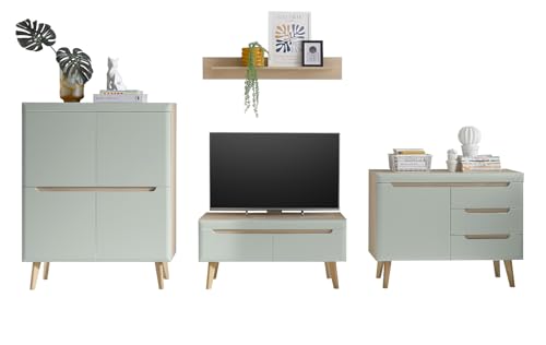 Furn.Design Wohnwand in Pistazie matt und Scandi Eiche, Wohnkombination skandinavisch 4-teilig 361 cm, Isgard von Furn.Design