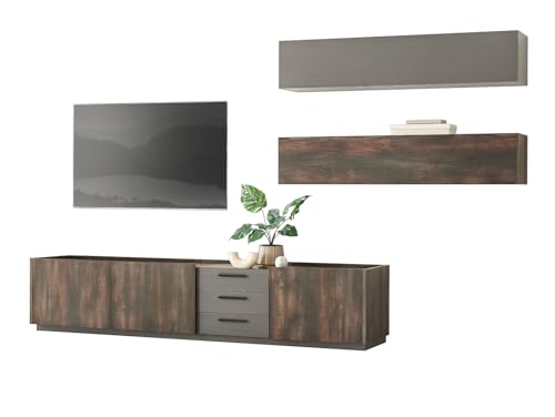 Furn.Design Wohnwand in Thermo Eiche und grau, Set 3-teilig mit XXL TV-Lowboard und Soft-Close, Piano von Furn.Design