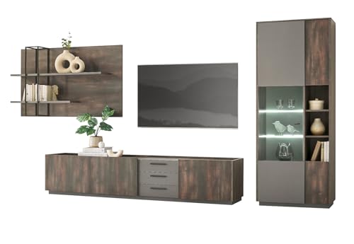 Furn.Design Wohnwand in Thermo Eiche und grau Set 3-teilig mit XXL TV-Lowboard und Soft-Close, Piano von Furn.Design