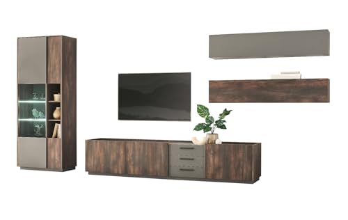 Furn.Design Wohnwand in Thermo Eiche und grau Set 4-teilig mit XXL TV-Lowboard und Soft-Close, Piano von Furn.Design